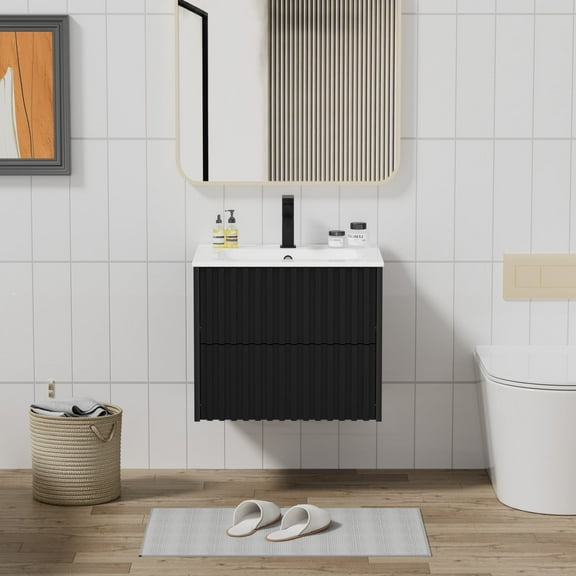 24" Single Bathroom Vanity with Ceramic Sink Top, Faucet, Drain, Floating Cabinet