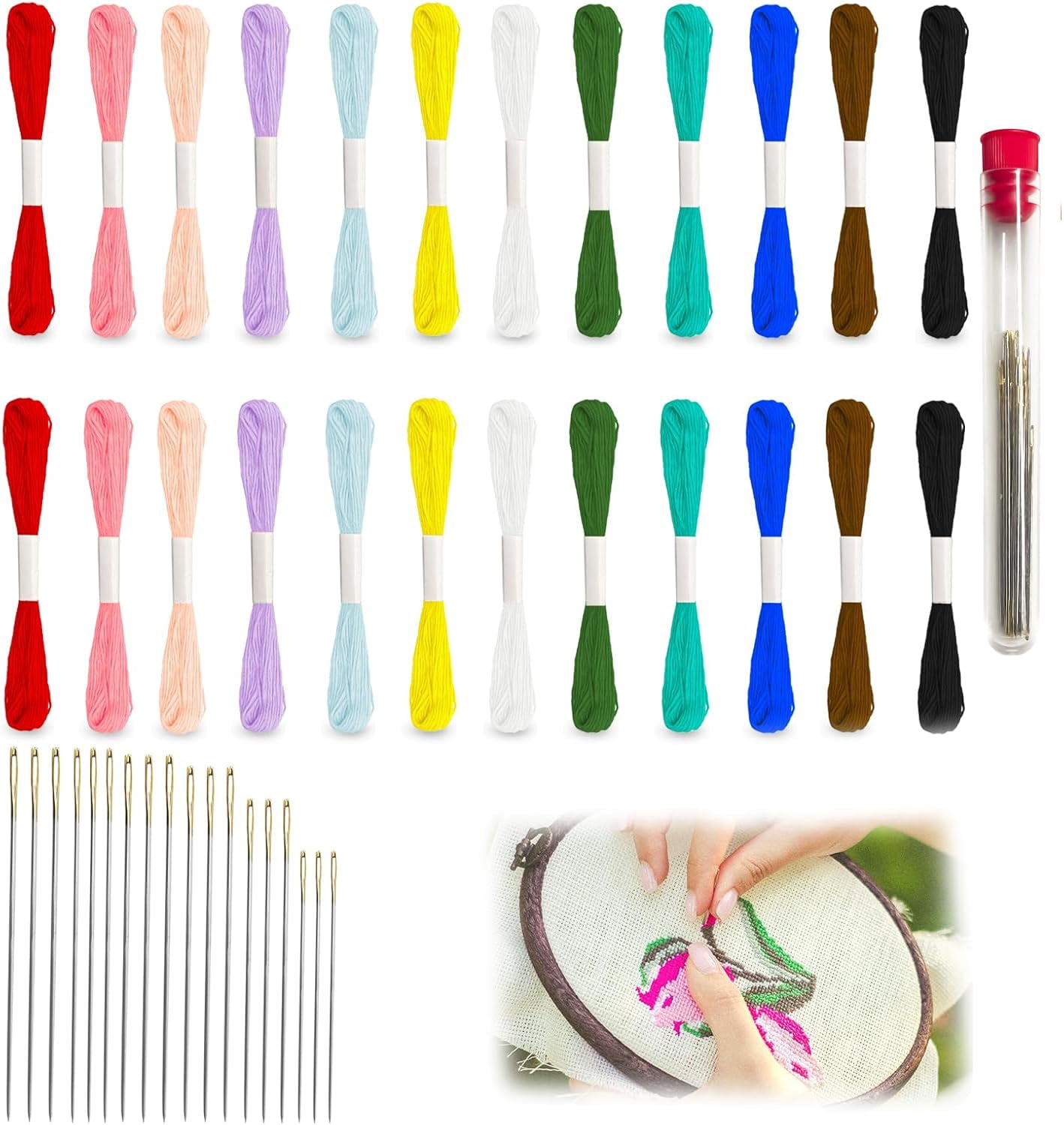 24 Skeins Sashiko Thread 18Pcs sashiko Needles 100% Cotton 12 Colors Each Bundle Measuring 8 Meters/8.75 Yards Suitable for Sewing and Embroidery.