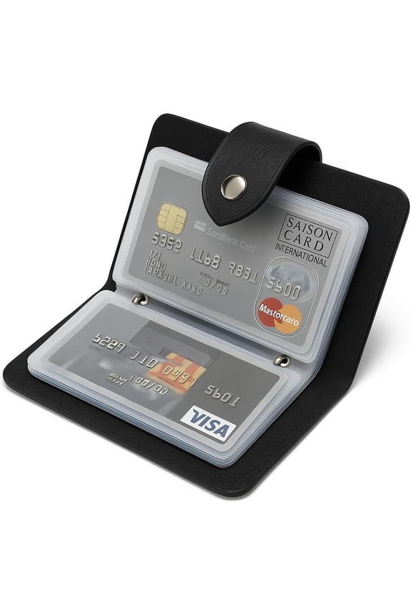 24 Slot Basic Card Holder for Men or Women | Black PU Leather Card Wallet | Slim Light Credit Card Wallet | Minimalist Small | Drivers License | Business Cards | Debit | Cardholder Pockets Organiser