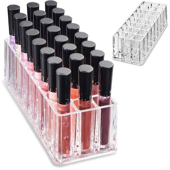 24-Slot Clear Acrylic Lipstick Organizer, Rectangular Desktop Lip Gloss Display Case, Sturdy Countertop Cosmetic and Makeup Brush Storage Tower for Vanities