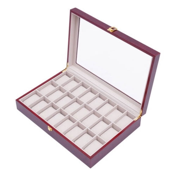 24 Slot Grids Wooden Watch Box Display Case Organizer Glass Top Jewelry Storage
