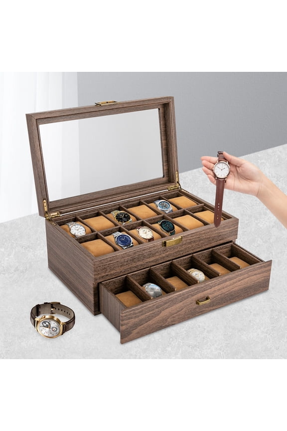 24 Slot Leather Watch Box Case Organizer Glass Display Jewelry Storage with Drawer