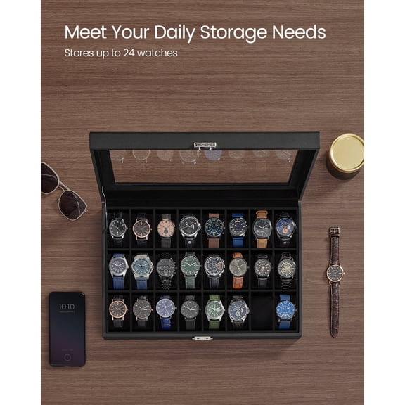 24-Slot Lockable Watch Case with Glass Lid - Premium Watch Storage Box with Removable Pillows, Gift Ready, Ink Black
