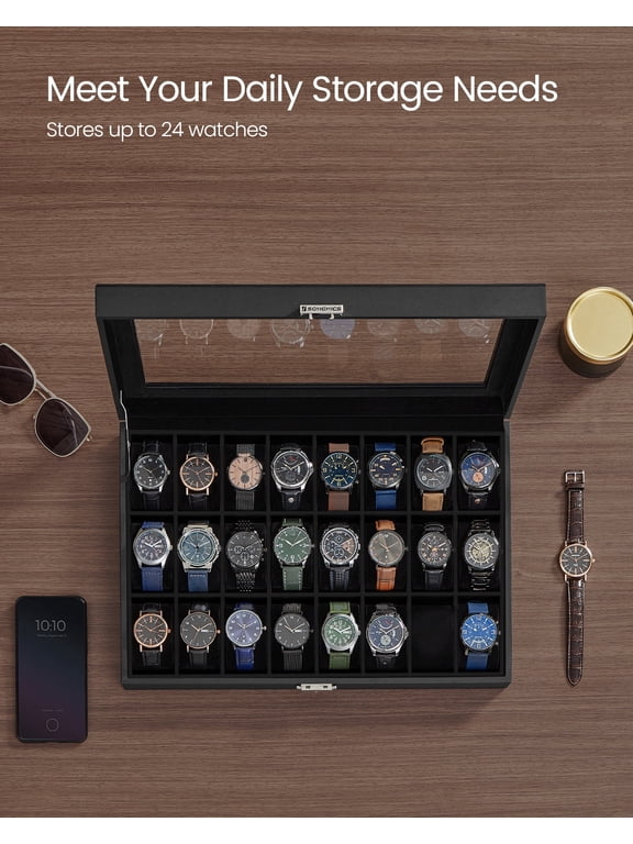 24-Slot Lockable Watch Case with Glass Lid - Premium Watch Storage Box with Removable Pillows, Gift Ready, Ink Black