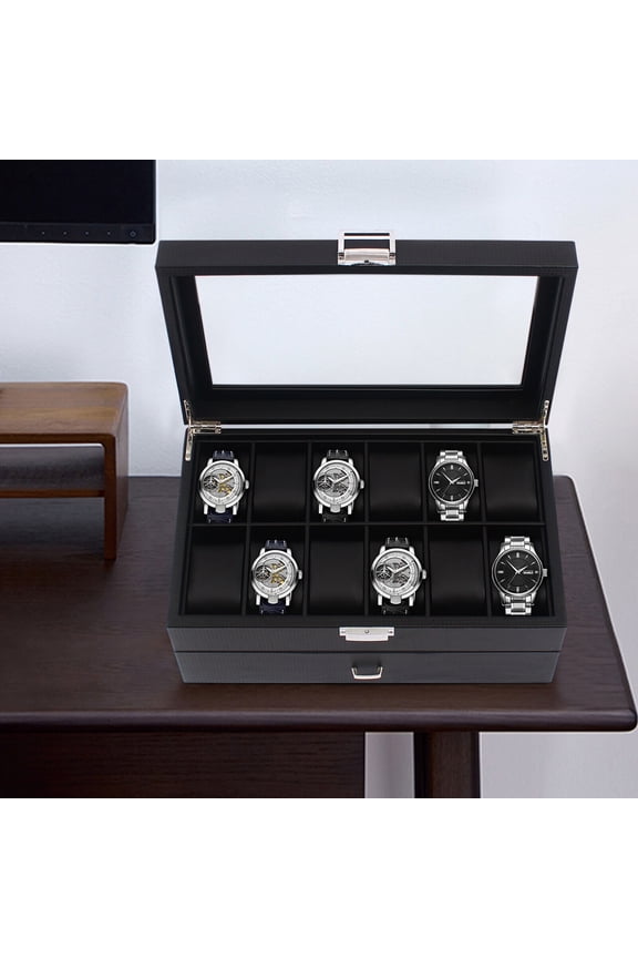 24-Slot Lockable Watch Display Case, Large Jewelry Organizer Box for Men, Black