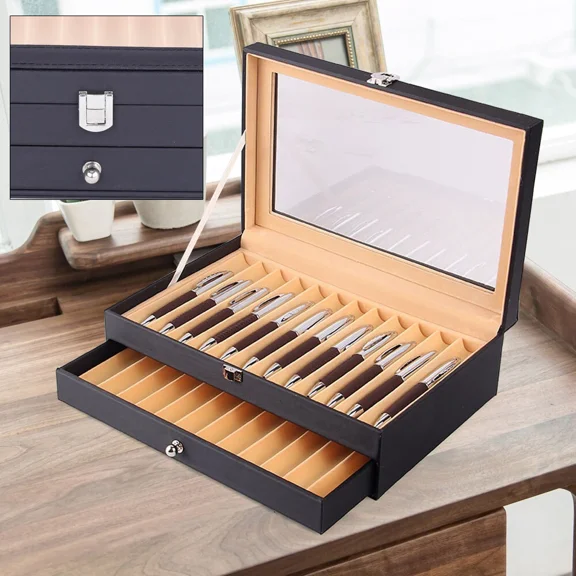 24 Slot PU Leather+Flannel Fountain Pen Storage Box Black 2 layers Display Case