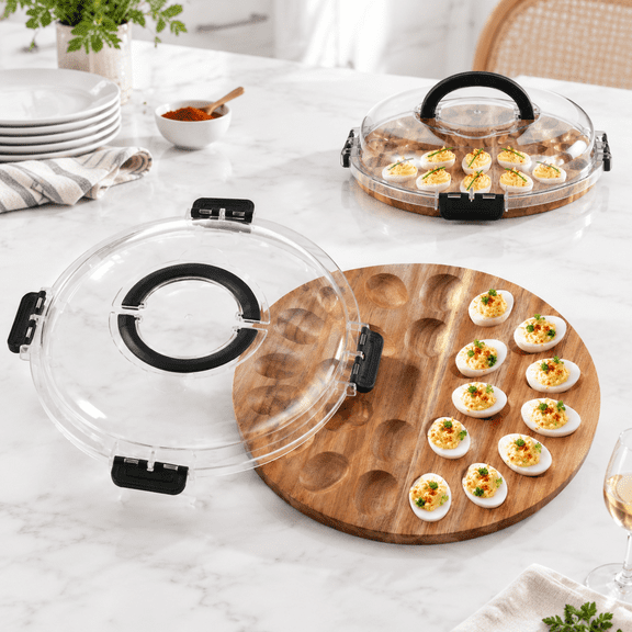 24-Slot Wooden Deviled Egg Carrier with Locking Lid and Carry Handles