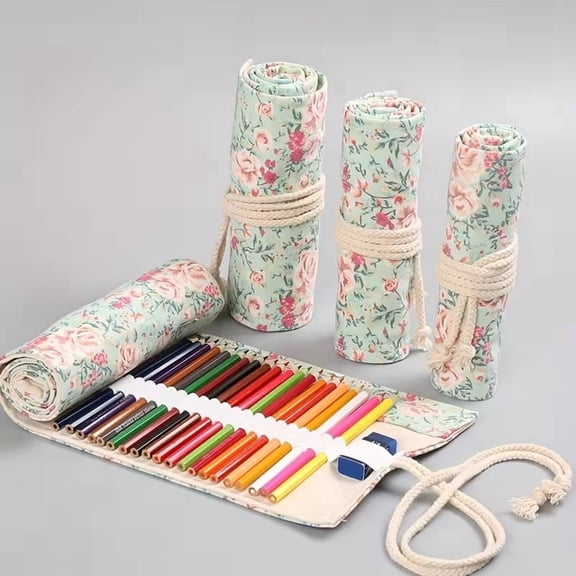 24 Slots Canvas Pen Roll Case, Large Capacity Pencil Holder with Rose Print