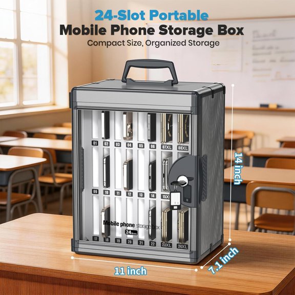 24 Slots Cell Phone Locker, Classroom Phone Storage Cabinet with Key, Wall Mounted Aluminum Alloy Phone Lock Box, Mobile Phone Lockbox with Handle for School Office Exam(Black)