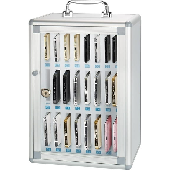 Glosen 24 Slots Cell Phone Locker, Cell Phone Storage Cabinet, Wall Mount Organizer with 2 Keys, Aluminum Pocket Chart, Mobile Phone Lockbox with Handle for Classroom Office (Silver)