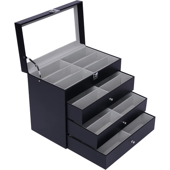 24 Slots Sunglasses Organizer Case Box for Women Men, Multiple Eyeglasses Eyewear Display Case with Glass Lid, 4-layer Glasses Collector Box with 3 Drawers, Black
