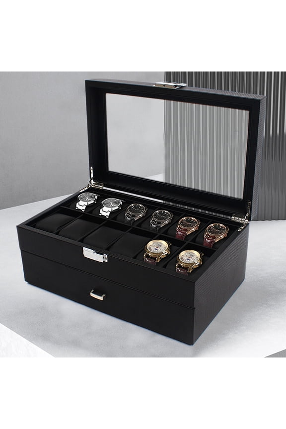 24 Slots Watch Box Display Case Organizer Carbon Fiber Jewelry Storage Holder with Lock