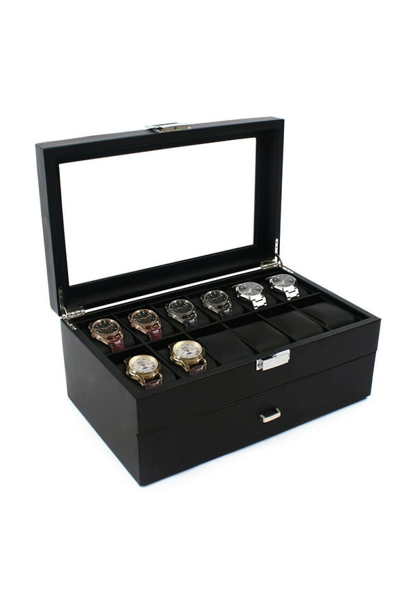 24 Slots Watch Box Men Watch Storage Box, Large Jewelry Display Case Organizer Holder Black, 2 Layer Watch Case Display Box Jewelry Organizer