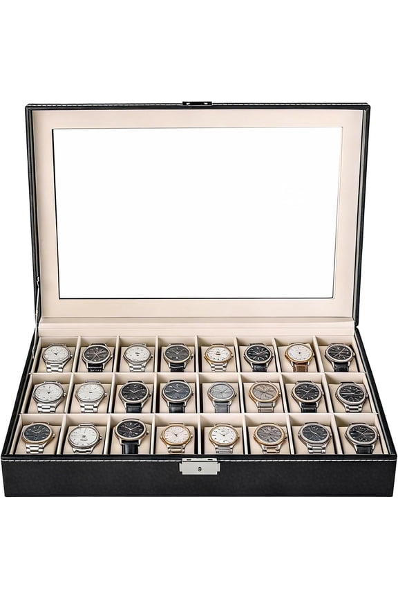 24 Slots Watch Box, PU Leather Watch Display Case, Lockable Watch Storage Organizer with Removable Pillows for Men and Women, Organizer for Watches, Travel and Use