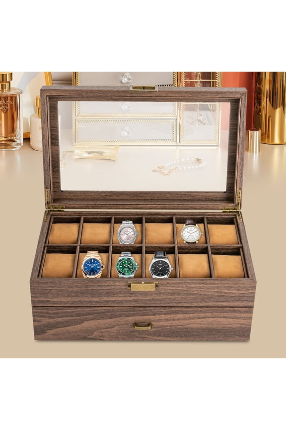 24 Slots Watch Box Watch Case Mens Jewelry Holder Watch Display Case W/ Drawer