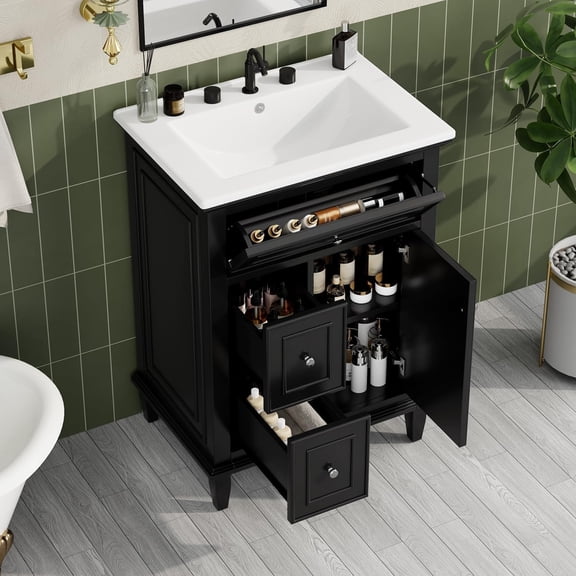24 in Small Bathroom Vanity with Sink,One Flip Drawer,2 Drawers,Door and Adjustable Shelf, Wood Modern Single Bathroom Sink Cabinet Freestanding (Black)