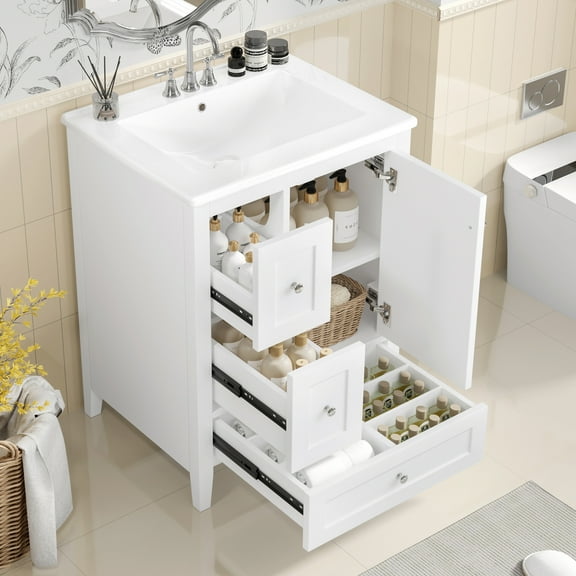 24" Small Bathroom Vanity with Sink Combo, Solid Wood Bathroom Storage Cabinet with 3 Drawers and Adjustable Shelf, White