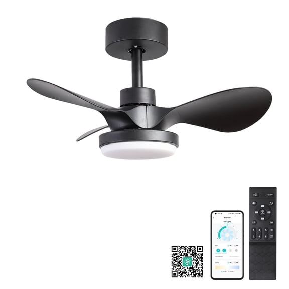 24" Small Ceiling Fan with Light control ,Modern Low Profile black Ceiling Fan, 6-Speeds Quiet Reversible DC motor for Bedroom,Kitchen