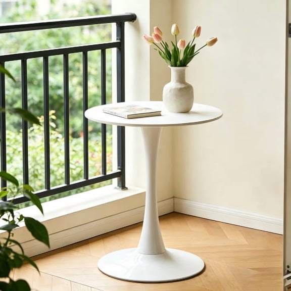 24" Small Round Dining Table [Metal Tulip Pedestal Base] White Modern Kitchen Table for Dining Living Room Apartment Small Space