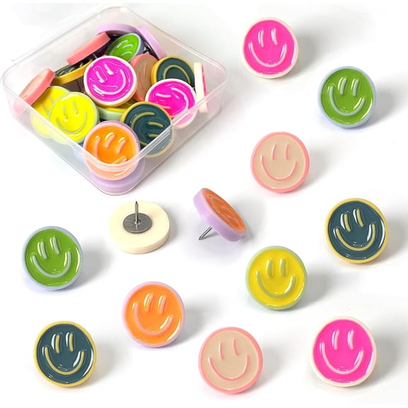 24 Smiley Face Decorative Push Pins, Cute Bulletin Board Push Pins, Thumbtacks for Cork Boards, Office Organization, or Home Décor (24-Colourful)