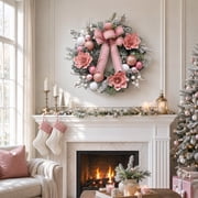24" Snow Flocked Christmas Wreath with Pink Magnolia Flowers, Pink Bow, Pink White Ornaments, 20 LED Lights and 8 Lighting Modes, Front Door Winter Holiday Wreath