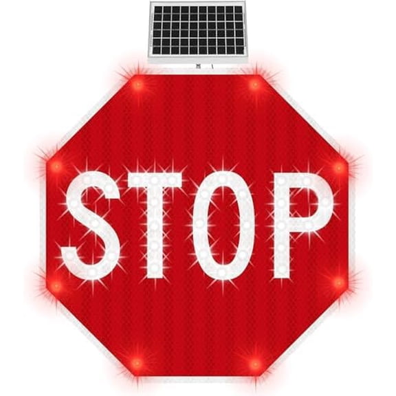 24" Solar Power Stop Flashing Traffic Signs For Lighted Illumanated Led Light Traffic Road Signs, Engineer Grade Reflective Film$$Safety & Emergency