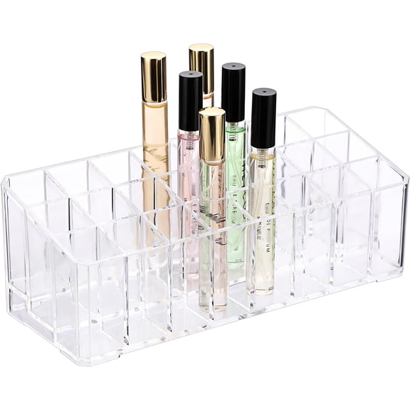 24-Space Clear Acrylic Perfume Organizer with Rollerball Slots, Makeup Storage Display Case for Lipgloss, Lipstick, and Beauty Scent Bottles