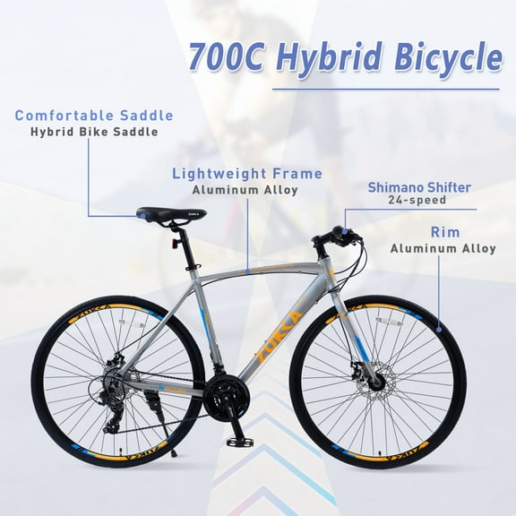 24 Speed Road Bike Hybrid Bike with Lightweight Aluminum Frame, Mens Bike with 700C Wheels, Dual Disc Brake, Silver