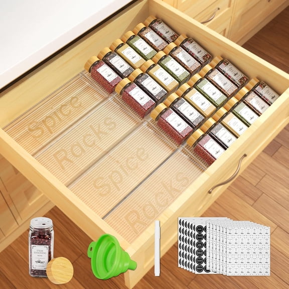 24 Spice Jars with Spice Drawer Organizer, 355 Spice Labels, 4 Pack Expandable From 11'' to 21'' Acrylic Spice Rack for Drawer, Seasoning Containers Storage Organization for Kitchen Cabinet