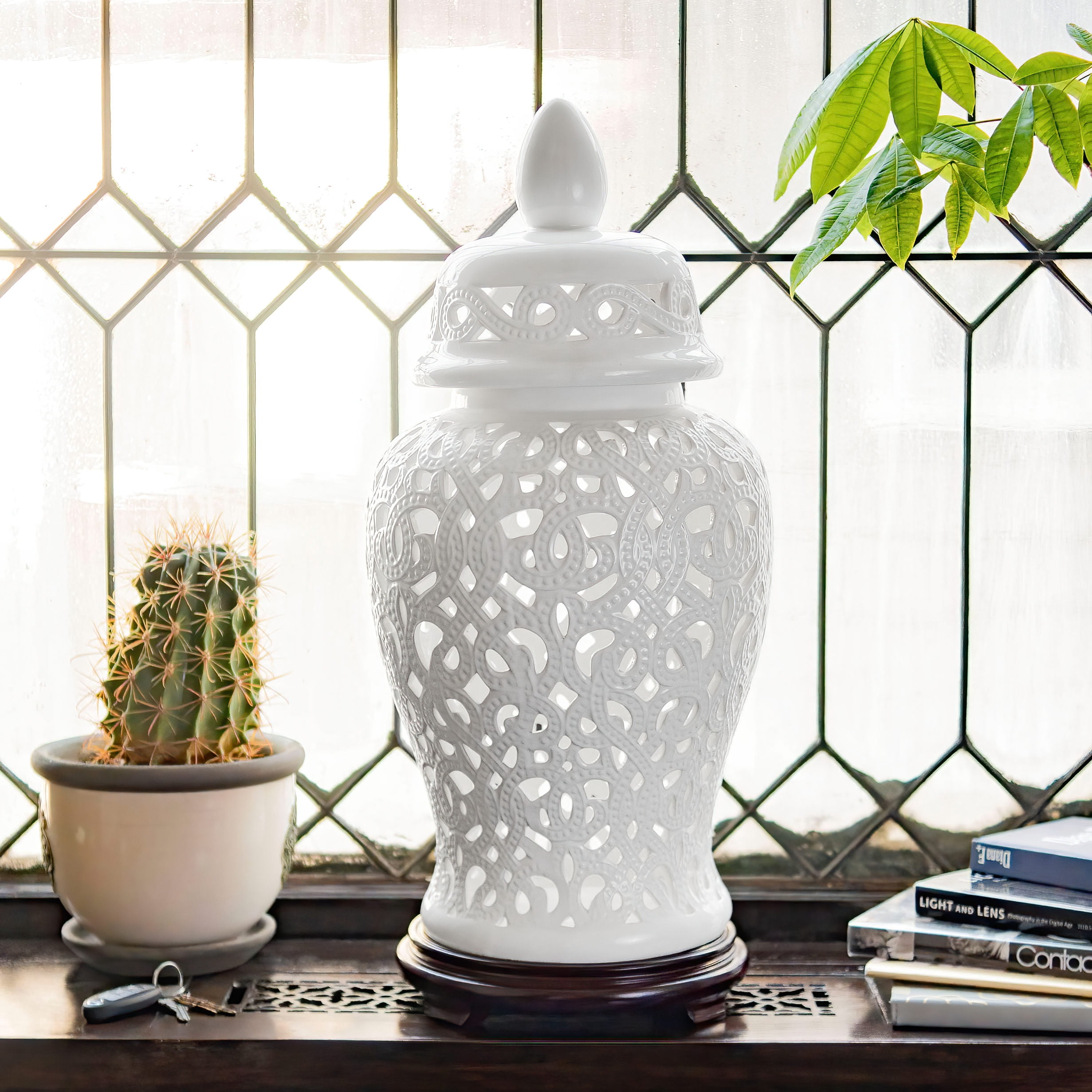 Red Lantern 24" Spiral Lattice Temple Jar - White