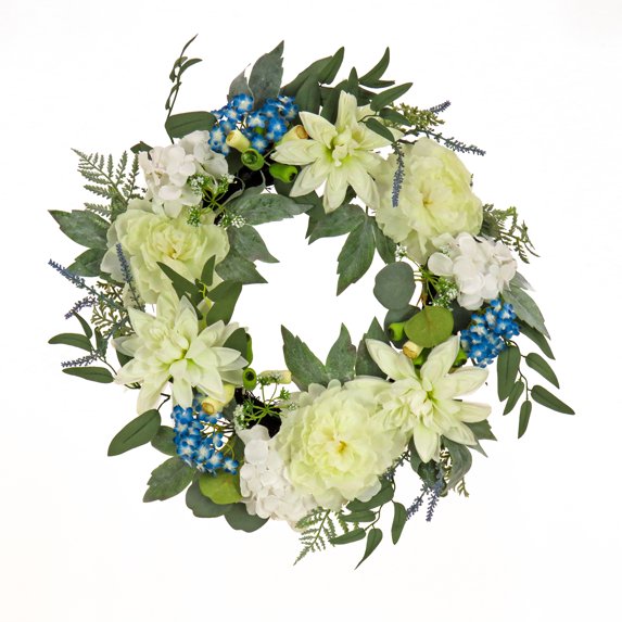 National Tree Company 24 inch Artificial Spring Wreath with Dahlia, Peony, and Hydrangea Blooms, Realistic Floral Decoration for Front Door or Indoor Décor