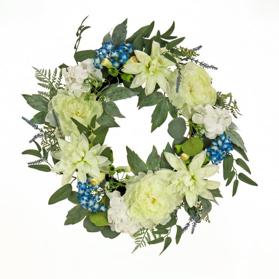 National Tree Company 24 inch Artificial Spring Wreath with Dahlia, Peony, and Hydrangea Blooms, Realistic Floral Decoration for Front Door or Indoor Dcor
