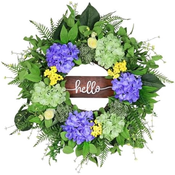 24” Spring Summer Wreaths for Front Door, Greenery Front Door Wreath with Hello Sign for Indoor Outdoor Porch Window Wall, Artificial Floral Wreath with Hydrangeas Berries for Home Decor