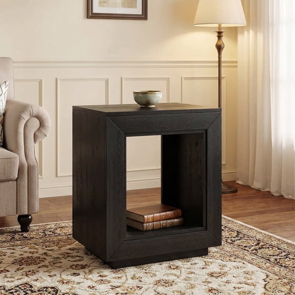 24" Square End Table 2-Tier Wooden Sofa Side Table Storage Shelf Rustic Farmhouse Style Black For Living Room Bedroom Small Spaces