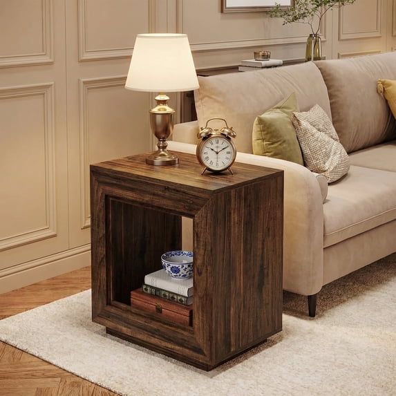 24" Square End Table 2-Tier Wooden Sofa Side Table Storage Shelf Rustic Farmhouse Style Rustic Brown For Living Room Bedroom Small Spaces