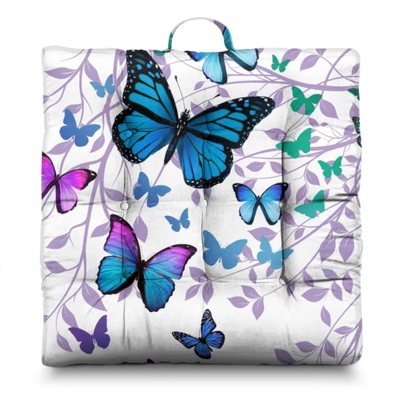 24" Square Thick Meditation Cushion with Colorful Butterfly Print Design Fluffy & Supportive Floor Pillow for Adults
