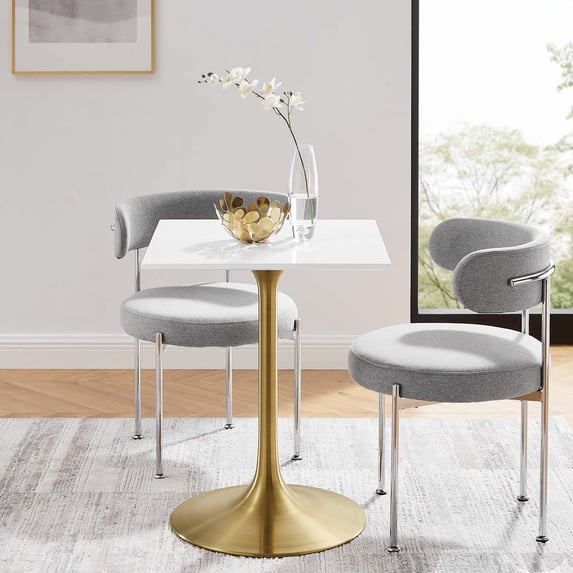 24" Square Wood Top Dining Table with Aluminum Metal Base, Gold White