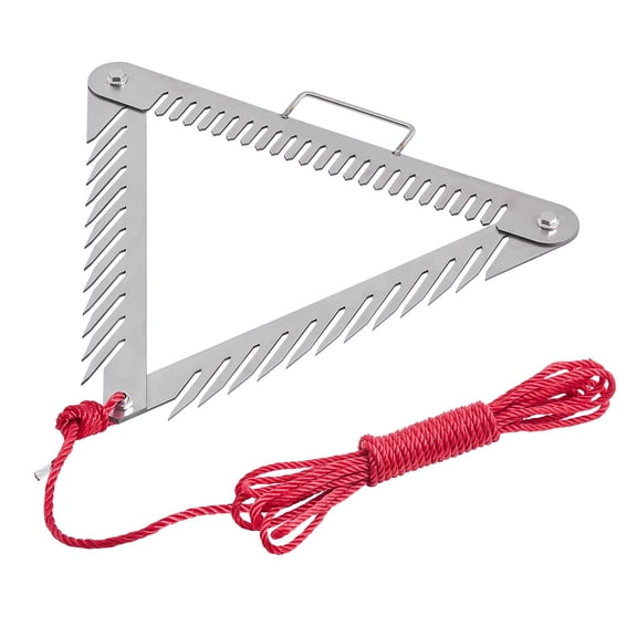 24" Stainless Steel Aquatic Weed Rake, 3-Sided Folding Lake Grass Cutter with 30ft Rope for Ponds