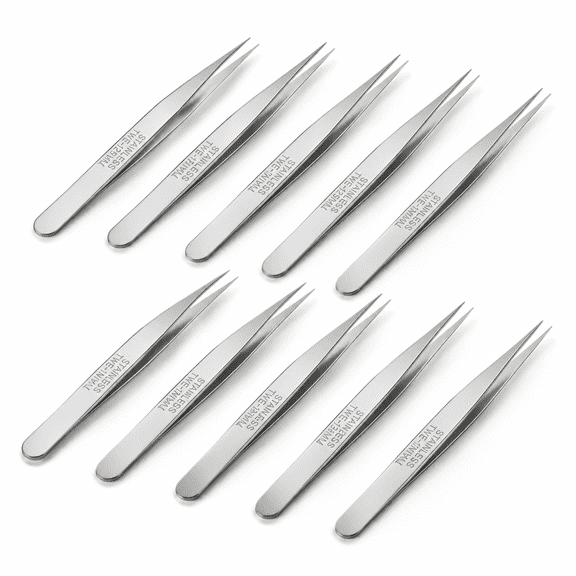 24 Stainless Steel Pointed Tweezers, 5 Inch Flat Round Tip Precision Craft Lab Forceps