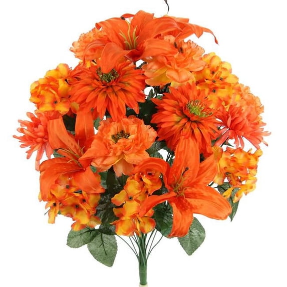 24 Stems Faux Full Blooming Ranunculus, Lily, Hydrangea Mixed Flower Bush - Coral Mix