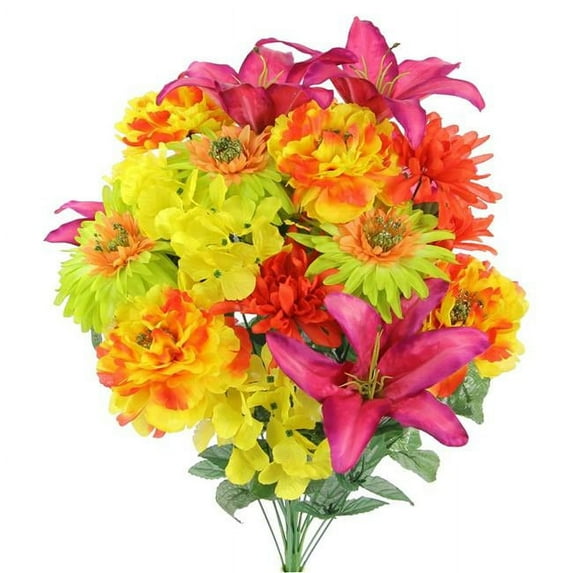 24 Stems Faux Full Blooming Ranunculus, Lily, Hydrangea Mixed Flower Bush - Festive