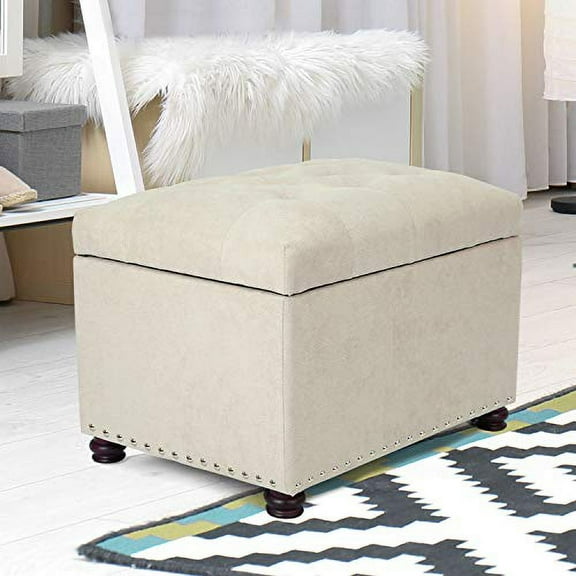 24" Storage Ottoman, Fabric Ottoman Foot Rest Stool with Hinged Lid, Tufted Rectangle Upholstered Footstool, Load Up to 350 lb, for Living Room, Bedroom, Dorm, Beige