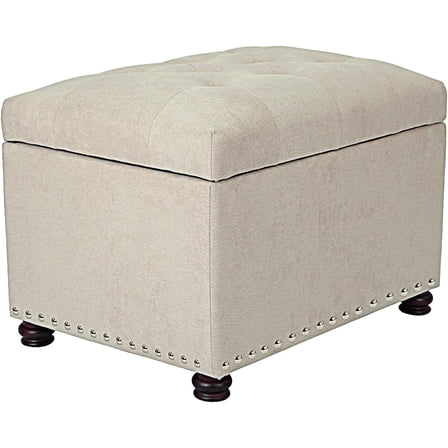 24" Storage Ottoman, Fabric Ottoman Foot Rest Stool with Hinged Lid, Tufted Rectangle Upholstered Footstool, Load Up to 350 lb, for Living Room, Bedroom, Dorm, Beige