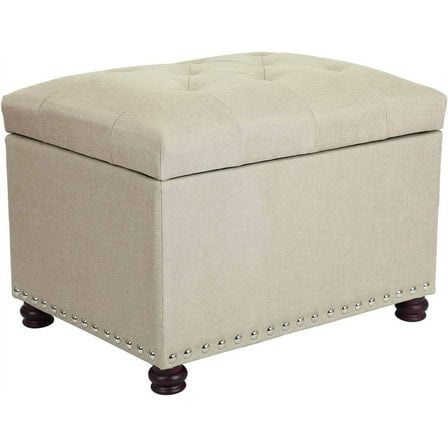 24" Storage Ottoman, Fabric Ottoman Foot Rest Stool with Hinged Lid, Tufted Rectangle Upholstered Footstool, Load Up to 350 lb, for Living Room, Bedroom, Dorm, Tan