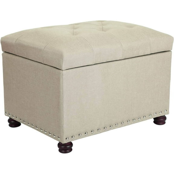 24" Storage Ottoman, Fabric Ottoman Foot Rest Stool with Hinged Lid, Tufted Rectangle Upholstered Footstool, Load Up to 350 lb, for Living Room, Bedroom, Dorm, Tan