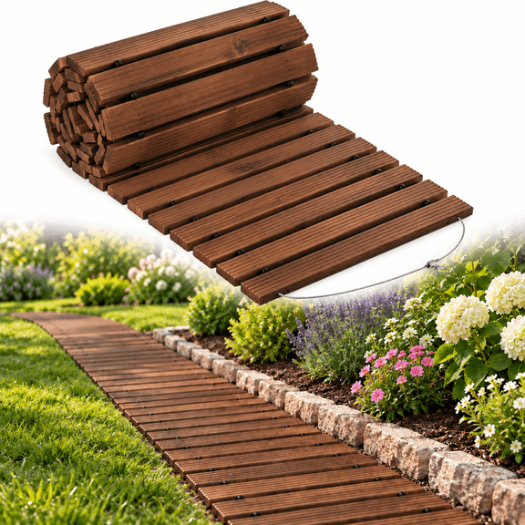 24' Straight Outdoor Wooden Pathway, 17" Wide Rollout Cedar Walkway, Weather-Resistant Non-Slip Hardwood Board, Decorative Landscape Edging for Lawn, Patio, Backyard, Beach & Wedding Party-Brown