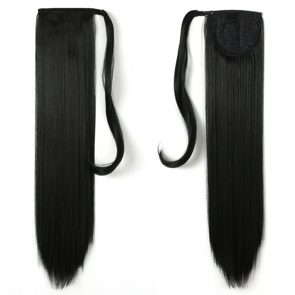 24" Straight Wrap Around Ponytail Extension for Women. Premium Synthetic Fiber 120g-130g (1B# Off Black)