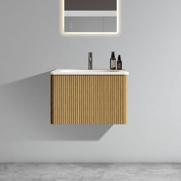 24" Striped Bathroom Vanity with White Ceramic Sink, Wall Mounted Floating Bathroom Vanity for Modern Bathroom, Natural Oak