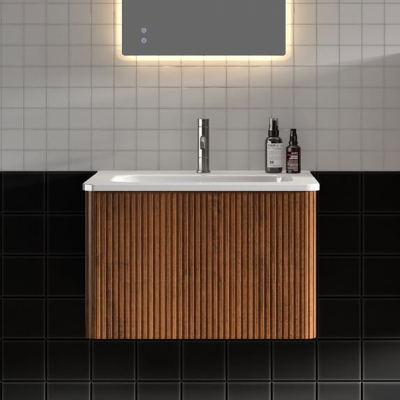 24" Striped Walnut Bathroom Vanity with White Ceramic Sink, Wall Mounted Floating Bathroom Vanity for Modern Bathroom, One-Piece White Sink Basin without Drain and Faucet