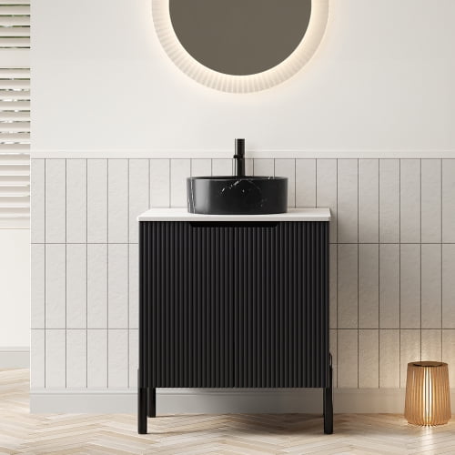 24" Sturdy Compact Freestanding Cabinet, Bathroom Storage Unit with Soft Close, Modern Small Bathroom Vanity with Ceramic Sink for Bathroom Use, Black,Carrara White
